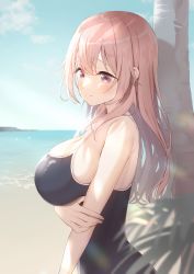 Rule 34 | 1girl, absurdres, bare arms, bare shoulders, black one-piece swimsuit, blue sky, blush, breasts, cleavage, closed mouth, cloud, dated, day, grey eyes, hair between eyes, highres, horizon, inui shinju, large breasts, long hair, looking away, neki (wakiko), ocean, one-piece swimsuit, outdoors, palm tree, pink hair, signature, sky, solo, sono bisque doll wa koi wo suru, swimsuit, tree, very long hair, water