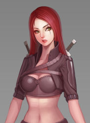 Rule 34 | 1girl, bad id, bad pixiv id, bandeau, breasts, cropped jacket, freeinni, green eyes, highres, katarina (league of legends), league of legends, lips, lipstick, long hair, makeup, midriff, navel, parted lips, red hair, scar, short sleeves, solo, strap