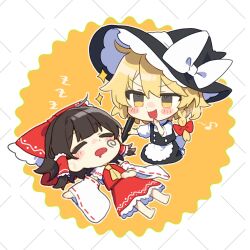 Rule 34 | 2girls, apron, ascot, back bow, bare shoulders, barefoot, black dress, black headwear, blonde hair, blush, border, bow, braid, brown hair, buttons, chibi, closed eyes, collared shirt, detached sleeves, dress, drooling, frills, hair bow, hair ornament, hair tubes, hakurei reimu, hand on own stomach, hands up, hat, hat bow, highres, holding, holding marker, jill 07km, kirisame marisa, long sleeves, looking at another, lying, marker, multiple girls, musical note, on back, open mouth, orange background, outside border, puffy short sleeves, puffy sleeves, red bow, red shirt, red skirt, seiza, shirt, short hair, short sleeves, simple background, single braid, sitting, skirt, skirt set, sleeping, smile, star (symbol), touhou, turtleneck, v-shaped eyebrows, white apron, white border, white bow, white shirt, wide sleeves, witch hat, yellow ascot, yellow eyes, zzz