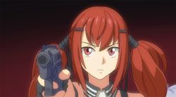 Rule 34 | 1girl, aiming, aiming at viewer, black background, commentary request, cz75 (girls&#039; frontline), cz 75, the end of evangelion, girls&#039; frontline, gradient background, gun, hair ornament, hairclip, handgun, holding, holding gun, holding weapon, long hair, neon genesis evangelion, parody, red background, red eyes, red hair, scene reference, sidelocks, solo, tab (tabkun), twintails, weapon