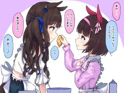 Rule 34 | animal ears, apron, brown hair, casual, commentary request, hair ornament, headband, horse ears, horse girl, long hair, looking at another, napkin, nishino flower (feelings loaded into a small prize) (umamusume), nishino flower (umamusume), nokora (otonarinoco), short hair, tosen jordan (umamusume), translation request, twintails, umamusume, white background, x hair ornament