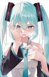 Rule 34 | 1girl, 200f (nifu), absurdres, aqua eyes, aqua hair, aqua necktie, bare shoulders, blush, breasts, collared shirt, commentary request, covering face, detached sleeves, facing viewer, hair between eyes, hand up, hatsune miku, highres, long hair, long sleeves, looking down, necktie, open mouth, shirt, simple background, sleeveless, sleeveless shirt, small breasts, solo, sweat, twintails, upper body, vocaloid, white background, white shirt
