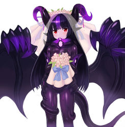 Rule 34 | 1girl, absurdres, black hair, blunt bangs, blush, bouquet, bridal veil, commentary, commission, demon girl, english commentary, flower, gluteal fold, highres, horns, long hair, looking at viewer, monster girl, monster girl encyclopedia, multicolored hair, night gaunt (monster girl encyclopedia), pointy ears, purple hair, red eyes, simple background, solo, sookmo, streaked hair, tail, two-tone hair, veil, white background, wings