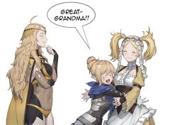 Rule 34 | 3girls, blonde hair, bodystocking, bodysuit, closed eyes, covered navel, crop top, dress, fire emblem, grandmother and granddaughter, hair bun, kana (female) (fire emblem), kana (fire emblem), lissa (fire emblem), long hair, mother and daughter, multiple girls, nintendo, open mouth, ophelia (fire emblem), pantyhose, revealing clothes, single hair bun, smile, twintails