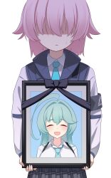 Rule 34 | 1girl, absurdres, black skirt, blue archive, blue necktie, blue vest, bulletproof vest, carrying, closed eyes, crying, facing viewer, frown, grey hair, hair over eyes, highres, holding, holding photo, hoshino (blue archive), hoshino (young) (blue archive), iei, long sleeves, medium hair, necktie, photo (object), pink hair, pleated skirt, school uniform, shaded face, shirt, siranui desu, skirt, smile, solo, tears, vest, white shirt, yume (blue archive)