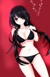 Rule 34 | 1girl, artist name, bikini, black bikini, black hair, breasts, cleavage, date a live, hand on own chest, heterochromia, highres, long hair, looking at viewer, medium breasts, red background, red eyes, shaah candidate, smile, solo, standing, swimsuit, tokisaki kurumi, yellow eyes