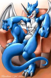 Rule 34 | 1boy, 2002, abs, artist name, bandai namco, couch, dated, digimon, digimon (creature), digimon adventure 02, furry, furry male, karabiner, male focus, open mouth, red eyes, sitting, solo, tail, teeth, tongue, wings, xv-mon