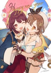 Rule 34 | 2021, 2girls, ;d, asymmetrical docking, atelier (series), atelier ryza, atelier ryza 1, atelier sophie, backpack, bag, bare shoulders, blue coat, blush, breast press, breasts, brown eyes, brown gloves, brown hair, cheek-to-cheek, cleavage, coat, cowboy shot, fang, frilled skirt, frills, gloves, happy new year, hat, head scarf, heads together, highres, holding hands, interlocked fingers, jacket, jewelry, key, key necklace, large breasts, long sleeves, looking at viewer, medium breasts, medium hair, multiple girls, necklace, new year, noco (adamas), official art, one eye closed, open clothes, open coat, open jacket, open mouth, red hair, red shorts, red skirt, reisalin stout, short hair, short shorts, shorts, skindentation, skirt, smile, sophie neuenmuller, teeth, thigh strap, upper teeth only, wide sleeves, yellow eyes, yellow jacket