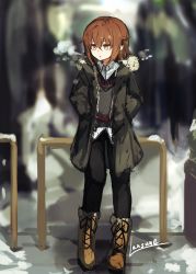 Rule 34 | 10s, 1girl, artist name, blurry, boots, breath, brown footwear, brown hair, coat, cross-laced footwear, depth of field, full body, fur trim, hair between eyes, hands in pockets, hood, hood down, kantai collection, lace-up boots, lansane, long sleeves, looking to the side, open clothes, open coat, open mouth, pants, parka, road, shirt, short hair, sidewalk, solo, street, sweater, wakaba (kancolle), white shirt, winter clothes, winter coat, yellow eyes