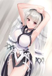 Rule 34 | 1girl, absurdly long hair, absurdres, armpits, arms up, azur lane, bad id, bad pixiv id, black neckwear, black sailor collar, bow, breasts, clothing cutout, dress, dress bow, dutch angle, feather dress, formidable (azur lane), formidable (timeless classics) (azur lane), furido (frifridress), hair ornament, highres, huge filesize, large breasts, long hair, looking at viewer, navel cutout, official alternate costume, platinum blonde hair, red eyes, sailor collar, see-through, sleeveless, sleeveless dress, solo, two-tone dress, two-tone ribbon, veil, very long hair, white dress