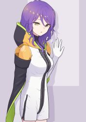 Rule 34 | 1girl, breasts, closed mouth, covered collarbone, elbow gloves, eyes visible through hair, gina (gnosia), gloves, gnosia, hood, hoodie, long hair, looking at viewer, masoogenki, purple hair, simple background, solo, turtle, wavy hair