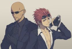 Rule 34 | 2boys, bad id, bad pixiv id, bald, beard, black gloves, black jacket, black shirt, collared shirt, commentary request, earrings, facial hair, final fantasy, final fantasy vii, final fantasy vii remake, fingerless gloves, formal, gloves, goggles, goggles on head, grey background, hand up, highres, holding, jacket, jewelry, looking at viewer, male focus, mondi hl, multiple boys, necktie, open clothes, over shoulder, red hair, reno (ff7), rude (ff7), shirt, simple background, sketch, smile, spiked hair, sunglasses, upper body, weapon, weapon over shoulder, white shirt