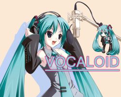 Rule 34 | chibi, detached sleeves, hatsune miku, long hair, microphone, microphone stand, music, singing, thighhighs, twintails, very long hair, vocaloid, wallpaper