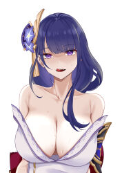 Rule 34 | 1girl, absurdres, amai-pai, arm under breasts, bare shoulders, blunt bangs, breasts, cleavage, collarbone, flower, genshin impact, hair flower, hair ornament, highres, japanese clothes, kimono, large breasts, licking lips, long hair, off shoulder, open clothes, open kimono, open mouth, purple eyes, purple flower, purple hair, raiden shogun, simple background, solo, tongue, tongue out, upper body, white background, white kimono