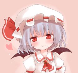 Rule 34 | 1girl, ascot, bat wings, blue hair, blush, brooch, female focus, hat, hat ribbon, heart, jewelry, red eyes, remilia scarlet, ribbon, shize (coletti), short hair, smile, solo, touhou, upper body, wings