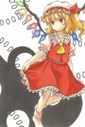 Rule 34 | 1girl, ascot, back bow, blonde hair, bow, buttons, closed mouth, collared shirt, flandre scarlet, frilled shirt collar, frilled skirt, frilled sleeves, frills, full body, hat, hat ribbon, laevatein (touhou), medium hair, mob cap, multicolored wings, namamoto, one side up, puffy short sleeves, puffy sleeves, red eyes, red ribbon, red skirt, red vest, ribbon, shirt, short sleeves, simple background, skirt, skirt hold, skirt set, solo, touhou, vest, white background, white bow, white hat, white shirt, wings, yellow ascot