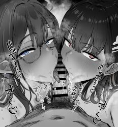 1boy 2girls absurdres bar_censor black_hair blue_archive bright_pupils censored commentary_request cooperative_fellatio earrings fellatio glasses greyscale hair_ornament hairpin halo hetero highres jewelry licking licking_penis long_hair looking_at_viewer male_pubic_hair metsu_end monochrome multiple_girls oral penis pointy_ears pov pubic_hair rimless_eyewear rin_(blue_archive) rio_(blue_archive) saliva spot_color sweat teamwork_(sexual) tongue tongue_out white_pupils