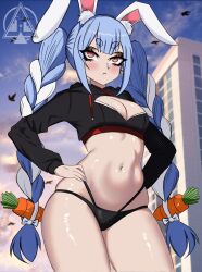 Rule 34 | 1girl, :&lt;, alternate costume, animal ears, black jacket, black panties, blue hair, blush, braid, breasts, carrot, cleavage, cleavage cutout, closed mouth, clothing cutout, cowboy shot, cropped jacket, dizzle, eyeshadow, female focus, from below, hands on own hips, highres, hololive, hood, hood down, jacket, looking afar, makeup, medium breasts, multicolored hair, orange eyes, outdoors, panties, rabbit ears, rabbit girl, serious, solo, standing, straight-on, thick eyebrows, thick thighs, thighs, twin braids, two-tone hair, underwear, usada pekora, virtual youtuber, white hair, wide hips