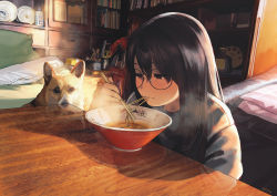 Rule 34 | 1girl, bed, black hair, blue sweater, blush, bowl, chopsticks, closed mouth, commentary request, dog, eating, food, glasses, hair between eyes, holding, holding chopsticks, indoors, long hair, long sleeves, looking at food, looking down, morifumi, noodles, on floor, original, pillow, ramen, room, shelf, signature, sitting, steam, sweater, table, welsh corgi