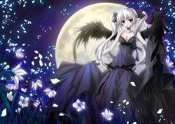 Rule 34 | 1girl, bad id, bad pixiv id, demon, demon girl, dress, flower, lilithbloody, moon, petals, pointy ears, red eyes, solo, twintails, white hair, wings