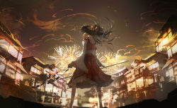 Rule 34 | 1girl, absurdres, aimu (hwfdx), architecture, bare shoulders, bow, brown hair, commentary request, detached sleeves, east asian architecture, feet out of frame, fireworks, frilled bow, frilled skirt, frills, from behind, gohei, hair bow, hakurei reimu, highres, holding, holding stick, long hair, looking away, outdoors, red bow, red ribbon, red shorts, red skirt, ribbon, ribbon-trimmed sleeves, ribbon trim, scenery, shirt, shorts, skirt, sleeveless, sleeveless shirt, solo, standing, stick, touhou