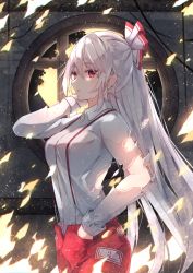 Rule 34 | 1girl, arm up, black sky, bow, breasts, buttons, chiroru (cheese-roll), collared shirt, commission, fire, fujiwara no mokou, full moon, grey bow, grey hair, grey shirt, hair between eyes, hair bow, hand in pocket, hand up, highres, indoors, leaf, long hair, long sleeves, looking at viewer, medium breasts, moon, multicolored bow, night, night sky, ofuda, ofuda on clothes, open mouth, pants, pocket, red bow, red eyes, red pants, shirt, sky, solo, standing, suspenders, touhou, tree, wall, window, wing collar, yellow moon