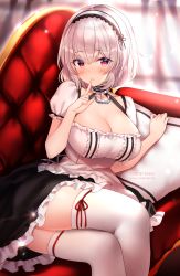 Rule 34 | 1girl, anchor choker, azur lane, blush, breasts, choker, cleavage, collarbone, commentary request, finger to mouth, frilled choker, frills, hair between eyes, hairband, highres, lace-trimmed hairband, lace trim, large breasts, long hair, looking at viewer, lying, on side, open mouth, pillow, puffy short sleeves, puffy sleeves, red eyes, red ribbon, ribbon, ribbon-trimmed legwear, ribbon trim, short hair, short sleeves, shouu-kun, signature, sirius (azur lane), solo, thighhighs, thighs, twitter username, white hair, white thighhighs