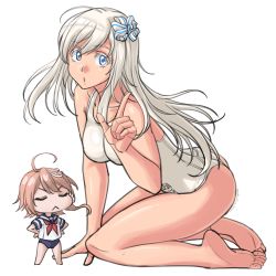 Rule 34 | 2girls, ahoge, alternate breast size, ass, barefoot, blue eyes, blue one-piece swimsuit, breasts, chibi, commentary request, hair ornament, hair ribbon, highres, i-58 (kancolle), index finger raised, kantai collection, kneeling, long hair, looking at viewer, medium breasts, multiple girls, neckerchief, one-piece swimsuit, pink hair, ribbon, sailor collar, sailor shirt, school swimsuit, school uniform, serafuku, shirt, short hair, silver hair, simple background, solo focus, sozan, swimsuit, swimsuit under clothes, u-511 (kancolle), white background, white one-piece swimsuit, white school swimsuit