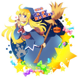 Rule 34 | 1girl, blonde hair, blue eyes, broom, candy, character name, dated, dress, food, full body, happy birthday, hat, hitopm, long hair, madou monogatari, necktie, pumpkin, puyopuyo, shawl, smile, solo, star (symbol), witch (puyopuyo), wrapped candy
