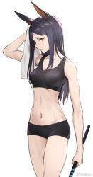 Rule 34 | 1girl, abs, animal ears, arknights, bare arms, bare legs, bare shoulders, black hair, black vest, breasts, brown eyes, dobermann (arknights), dog ears, dog girl, highres, holding, holding towel, holding weapon, holding whip, kisetsu, long hair, looking at viewer, medium breasts, shorts, simple background, solo, stomach, towel, vest, weapon, whip, white background, wiping sweat