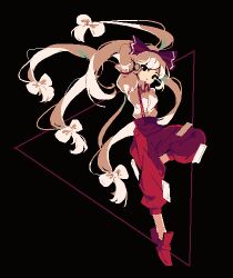 Rule 34 | 1girl, 4qw5, arm behind head, arm up, black background, black eyes, bow, closed mouth, collared shirt, commentary request, foot up, fujiwara no mokou, full body, hair bow, highres, long hair, looking at viewer, ofuda, ofuda on clothes, pants, pixel art, red bow, red footwear, red pants, shirt, solo, suspenders, touhou, very long hair, white bow, white hair, white shirt