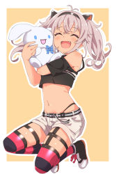 1girl :d ^_^ absurdres antenna_hair bare_shoulders belt black_shirt closed_eyes clothing_cutout crop_top fang grey_hair hairband highleg highres hugging_doll hugging_object karahai_(31448823) long_hair matsukai_mao matsukai_mao_(1st_costume) midriff navel nijisanji open_mouth shirt shoes short_shorts short_sleeves shorts shoulder_cutout smile solo stomach striped_clothes striped_thighhighs stuffed_animal stuffed_rabbit stuffed_toy thigh_strap thighhighs twintails virtual_youtuber white_shorts