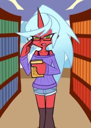 Rule 34 | 10s, 1girl, bare shoulders, blue hair, blush, demon girl, fang, female focus, flat color, glasses, green eyes, hand on own face, horns, indoors, kneesocks (psg), long hair, neichii, open mouth, panty &amp; stocking with garterbelt, ponytail, shorts, single horn, solo, sweater, thighhighs, zettai ryouiki