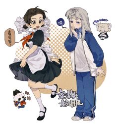 Rule 34 | 2girls, apron, arm at side, axis powers hetalia, back bow, black dress, black footwear, blue eyes, blue pants, bow, brown eyes, brown hair, chibi, chibi inset, china (hetalia), chinese text, colored eyelashes, dress, full body, genderswap, grey hair, hand on own face, highres, juanmao, knees together feet apart, layered clothes, leg up, long hair, maid, multiple girls, neckerchief, pants, red neckerchief, russia (hetalia), russian text, short twintails, sidelocks, socks, standing, straight-on, three quarter view, track suit, twintails, white socks, wing collar