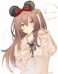Rule 34 | 1girl, animal ears, bow, brown hair, girls&#039; frontline, long hair, long sleeves, looking at viewer, minnie mouse ears, moa (21energy12), mouse ears, one side up, paw pose, red bow, scar, scar across eye, scar on face, shirt, sleeves past wrists, solo, speech bubble, ump45 (girls&#039; frontline), white background, white shirt, yellow eyes