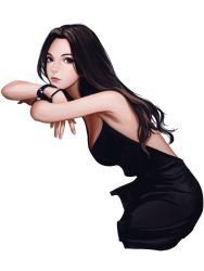 Rule 34 | 1girl, armpits, backless dress, backless outfit, black dress, black eyes, black hair, bracelet, breasts, closed mouth, cropped legs, crossed arms, dress, highres, jewelry, liang xing, lips, long hair, looking at viewer, medium breasts, original, sitting, solo, white background