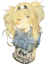 Rule 34 | 1girl, belt, blonde hair, blue eyes, blue shirt, breast pocket, breasts, caddy cyd, gambier bay (kancolle), hair between eyes, kantai collection, large breasts, long hair, pocket, shirt, simple background, solo, twintails, upper body, white background