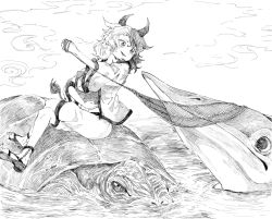 Rule 34 | 1girl, animal ears, arm up, blush, chain, cloud, cloudy sky, cow tail, crossed legs, fish, greyscale, hair between eyes, hand up, horns, itomugi-kun, jacket, long sleeves, looking at another, monochrome, multicolored hair, navel, ocean, open clothes, open jacket, open mouth, ox ears, pants, sandals, shirt, short hair, sitting, sky, smile, tail, teeth, touhou, two-tone hair, ushizaki urumi, water, wavy hair, wide sleeves