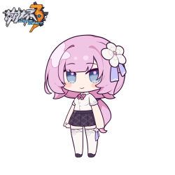 Rule 34 | 1girl, black footwear, black skirt, blush stickers, bow, breasts, chibi, closed mouth, collared shirt, copyright name, dress shirt, elysia (honkai impact), eta, flower, full body, hair flower, hair ornament, heart, honkai (series), honkai impact 3rd, looking at viewer, low ponytail, pink bow, pink hair, pleated skirt, ponytail, school uniform, shirt, shoes, short sleeves, simple background, skirt, small breasts, smile, solo, standing, thighhighs, white background, white flower, white shirt