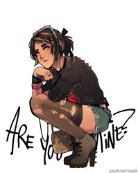 Rule 34 | 1girl, alternate costume, artist name, bead bracelet, beads, black bracelet, black jacket, black ribbon, blue shorts, boots, bracelet, brown bag, brown footwear, cellphone, clara (vocaloid), closed mouth, ear piercing, english text, eyeshadow, floral print, high heel boots, high heels, holding, holding phone, jacket, jewelry, looking to the side, makeup, phone, piercing, pink bracelet, print bag, red eyeshadow, red shirt, ribbon, ring, rumple (artist), shirt, short hair, shorts, smartphone, solo, spiked jacket, text background, thighhighs, torn clothes, torn thighhighs, tumblr username, vocaloid, white-framed eyewear, white background