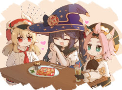 Rule 34 | 3girls, :d, ^ ^, absurdres, ahoge, animal ear fluff, animal ears, bangs pinned back, black gloves, black hair, blush stickers, bread slice, cabbie hat, cat ears, cat girl, cat tail, chef, choker, closed eyes, clover print, commentary request, cup, diona (genshin impact), diona (sweets paradise) (genshin impact), drink, drinking glass, drinking straw, earrings, fish-flavored toast (genshin impact), food, forehead, genshin impact, gloves, green eyes, hair between eyes, hair ornament, hands on own hips, hat, highres, holding, jewelry, klee (genshin impact), klee (sweets paradise) (genshin impact), light brown hair, long hair, long sleeves, low twintails, mona (genshin impact), mona (sweets paradise) (genshin impact), multiple girls, official alternate costume, open mouth, own hands together, pink hair, plate, pointy ears, red eyes, short hair, sidelocks, smile, sweat, tail, thick eyebrows, toast, tray, twintails, v-shaped eyebrows, waitress, witch hat, yoshinao (yoshinao 0203)