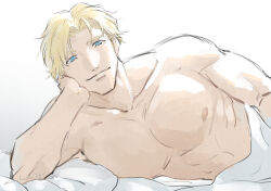 Rule 34 | 1boy, artist request, bed sheet, blanket, blonde hair, facial hair, highres, large pectorals, lewis smith, looking at viewer, lying, male focus, naked sheet, on bed, on side, pectoral press, pectorals, pillow, pov across bed, sideburns stubble, smile, solo, stubble, thick eyebrows, toned, toned male, under covers, yuuki bakuhatsu bang bravern