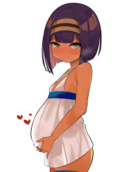 Rule 34 | 1girl, blunt bangs, blush, bob cut, breasts, closed mouth, cowboy shot, dark-skinned female, dark skin, dress, from side, green eyes, hairband, heart, highres, holding stomach, looking at viewer, original, petite, pregnant, short dress, short hair, simple background, small breasts, solo, split mouth, standing, surio, white background, white dress