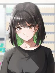 Rule 34 | 1girl, black hair, black shirt, blurry, blurry background, blush, brown eyes, closed mouth, collarbone, colored inner hair, commentary, earrings, english commentary, green hair, hair intakes, highres, indoors, jewelry, looking at viewer, miru (ormille), multicolored hair, original, ormille, shirt, short hair, smile, solo, two-tone hair
