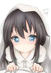 Rule 34 | 1girl, asashio (kancolle), black hair, blanket, blue eyes, blush, closed mouth, collared shirt, commentary request, dakkusu, dated, dress shirt, hair between eyes, hands up, kantai collection, long hair, shirt, signature, simple background, smile, solo, suspenders, upper body, white background, white shirt