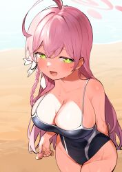 Rule 34 | 1girl, absurdres, ahoge, arm behind back, beach, black one-piece swimsuit, blue archive, blush, bow, braid, breasts, cleavage, colored eyelashes, commentary request, condom, cowboy shot, goe (g-o-e), green eyes, hair bow, halo, hanako (blue archive), highres, holding, holding condom, large breasts, long hair, looking at viewer, ocean, one-piece swimsuit, open mouth, outdoors, pink hair, pink halo, side braid, solo, standing, sweat, swimsuit, white bow