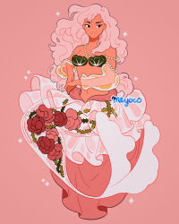 Rule 34 | 1girl, artist name, bad id, bad instagram id, beads, black eyes, colored skin, dress, fins, flower, full body, highres, jewelry, long hair, mermaid, meyoco, monster girl, navel, necklace, off shoulder, original, pink background, pink hair, pink skin, rose, see-through, simple background, smile, solo, sparkle, thorns, wavy hair