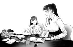 Rule 34 | 2girls, bad id, bad pixiv id, black eyes, black hair, black skirt, blunt bangs, blush, book, book stack, breasts, carton, cellphone, chair, collared shirt, drinking straw, eraser, greyscale, height difference, highres, hiramedousa, large breasts, long hair, long sleeves, monochrome, multiple girls, open book, original, paper, parted lips, pen, phone, pleated skirt, pointing, ponytail, profile, shirt, shirt tucked in, simple background, sitting, size difference, skirt, table, tall female, white background