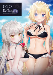 Rule 34 | 2girls, ahoge, back, bare arms, bare shoulders, beach, bikini, black bikini, blonde hair, blue eyes, blue sky, blurry, bow, braid, breasts, brown eyes, cleavage, cloud, cloudy sky, collarbone, cover, cover page, day, depth of field, detached collar, fate/grand order, fate (series), frilled bikini, frills, frown, groin, hair bow, halterneck, headdress, highres, jeanne d&#039;arc alter (swimsuit berserker) (fate), jeanne d&#039;arc (fate), jeanne d&#039;arc (ruler) (fate), jeanne d&#039;arc (swimsuit archer) (fate), jeanne d&#039;arc alter (avenger) (fate), jeanne d&#039;arc alter (fate), large breasts, long hair, looking at viewer, looking back, maid, maid bikini, multiple girls, naomi (fantasia), navel, neck ribbon, ocean, outdoors, parted lips, ribbon, silver hair, single braid, sky, smile, standing, strap pull, swimsuit, thigh gap, thighs, unconventional maid, v-shaped eyebrows, very long hair
