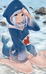 Rule 34 | 1girl, absurdres, animal costume, animal hood, bare legs, barefoot, blue eyes, blue hair, blue hoodie, fingernails, fins, fish skeleton, fish tail, gawr gura, gawr gura (1st costume), hand on headwear, hand up, haru (re ilust), highres, holding, hololive, hololive english, holomyth, hood, hood up, hoodie, looking at viewer, medium hair, nail polish, no pants, ocean, outdoors, partially submerged, pocket, rock, shark costume, shark girl, shark hood, shark print, shark tail, sharp teeth, silver hair, sitting, solo, tail, teeth, virtual youtuber, wariza, wide sleeves